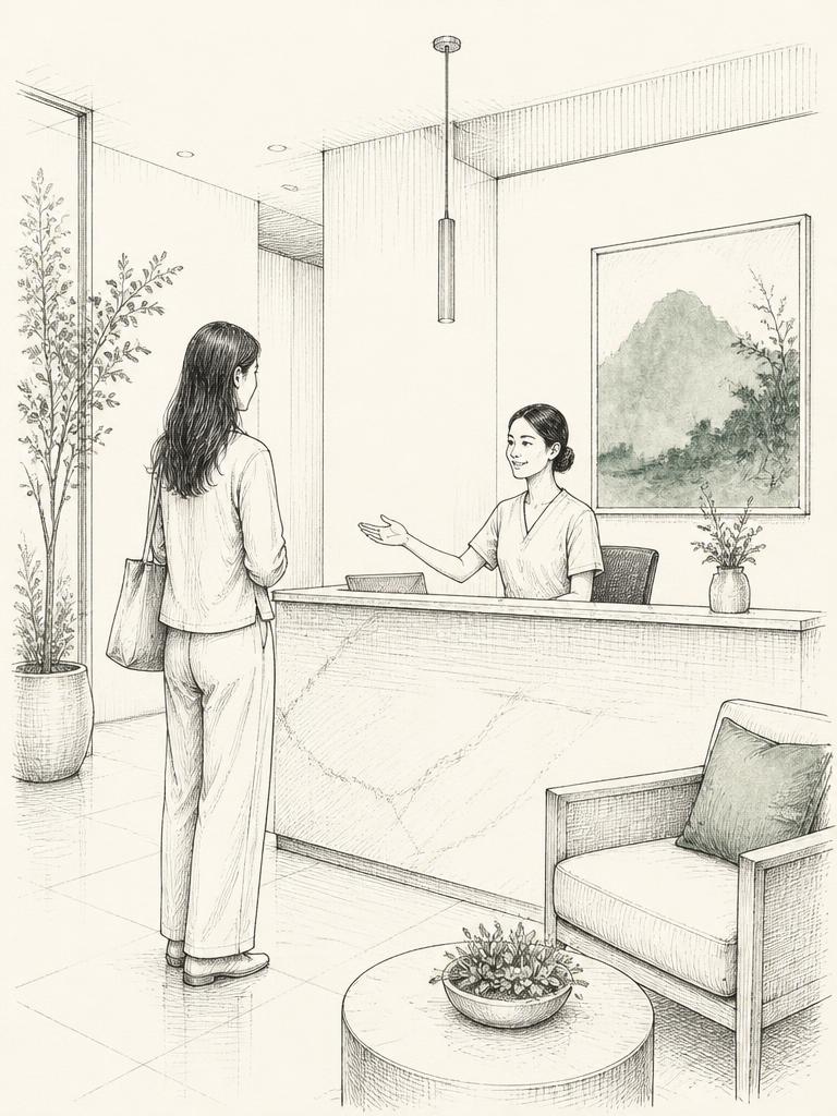 Receptionist welcoming a patient at a modern clinic