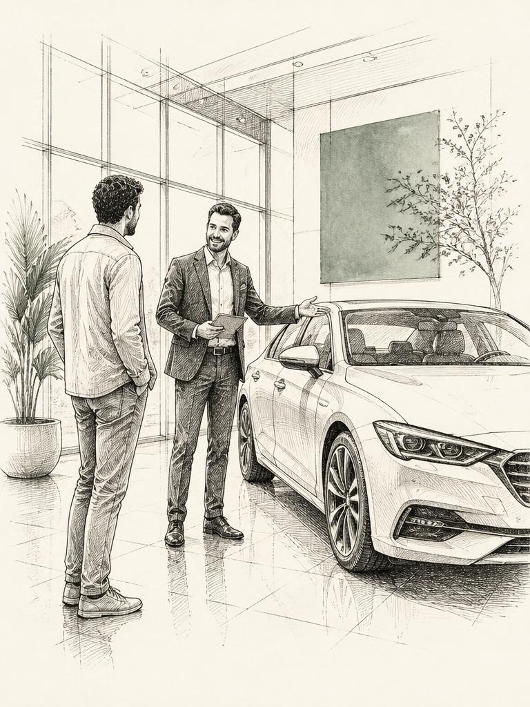 Salesperson greeting a customer in a car showroom