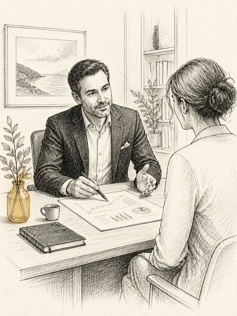 Financial advisor meeting with a client in a modern office