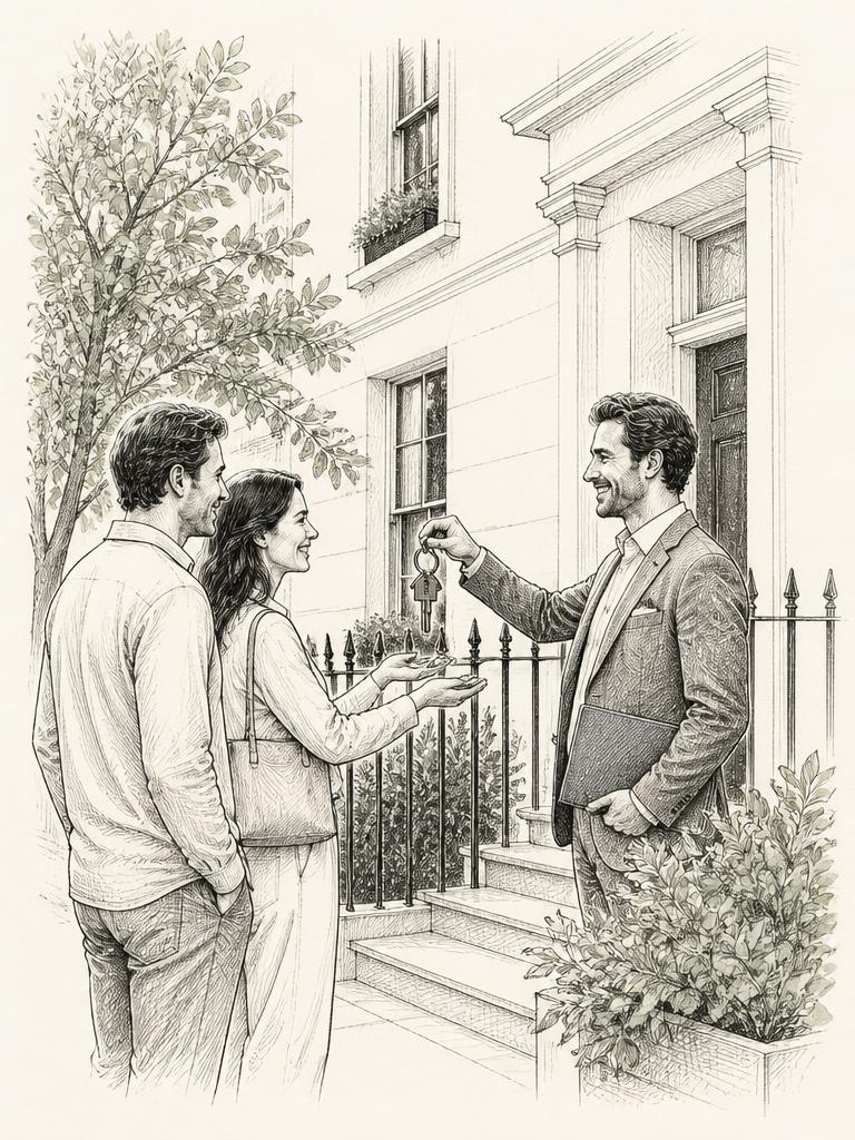 Estate agent handing keys to a couple in a bright home