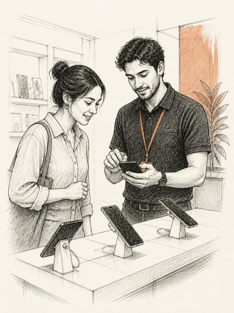 Customer service representative in a modern telecom store